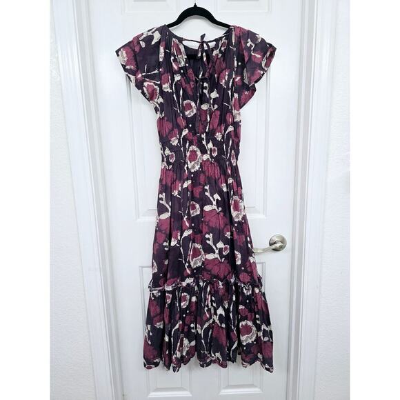 Cleobella Ellison Dress S Purple Floral Print Midi 100% Organic Cotton Smocked - Picture 5 of 12